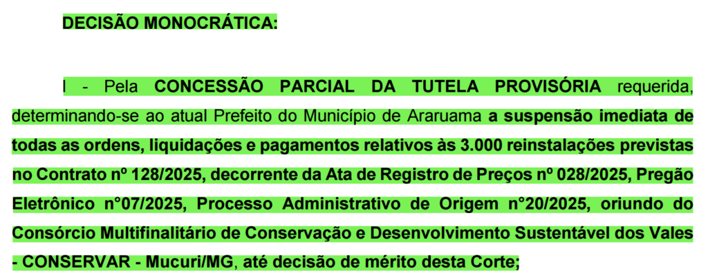 Tribunal de Contas manda Prefeitura de Araruama suspender pagamento à empresa contratada duas vezes sem licitação