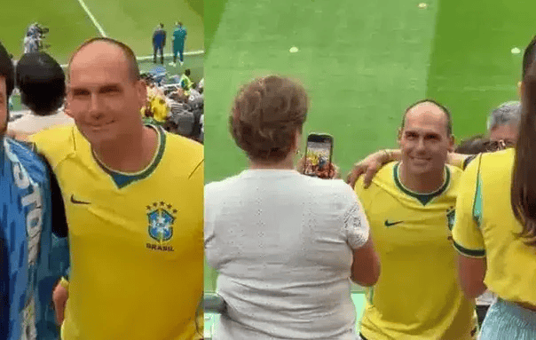 Vorcaro pagou? Eduardo Bolsonaro vê jogo do Brasil em área vip de R$ 180 mil o ingresso