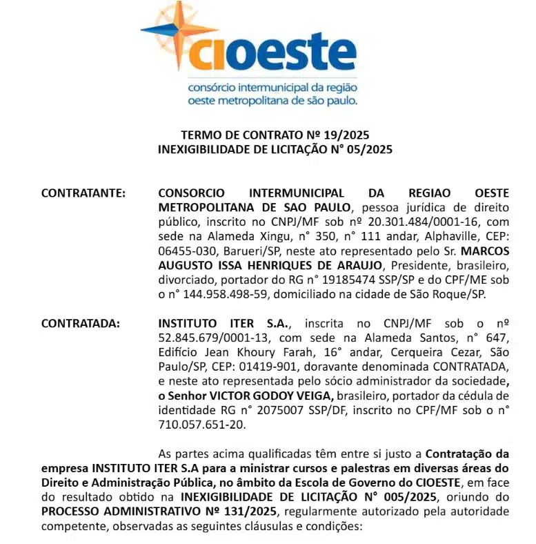 Prefeito de cidade que aplicou R$ 93 milhões no Master assinou contrato de R$ 1,2 milhão com Iter, de Mendonça